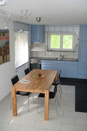 Eine moderne Küche mit blauen Schränken, einem Holztisch und einem Fenster mit Blick auf Grünflächen.