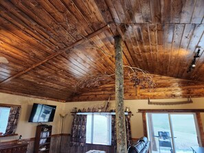 A rustic interior with a wooden ceiling, a television, a bookshelf, and a large window. - Relaxing 1-bedroom cabin overlooking duck pond in charming West Liberty (WEST LIBERTY)