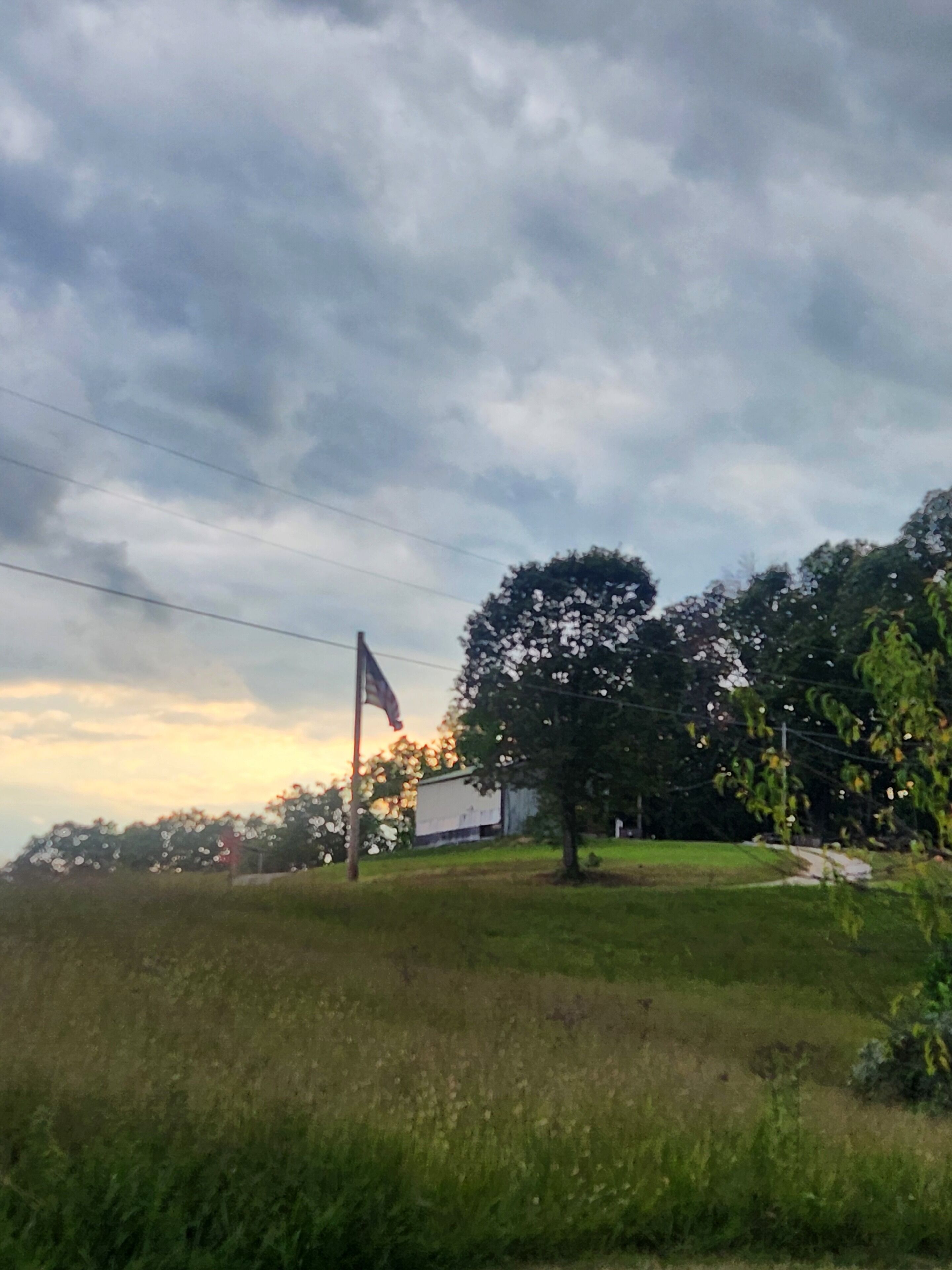 Un paisaje rural con un asta de banderín, un árbol grande y un edificio al fondo.