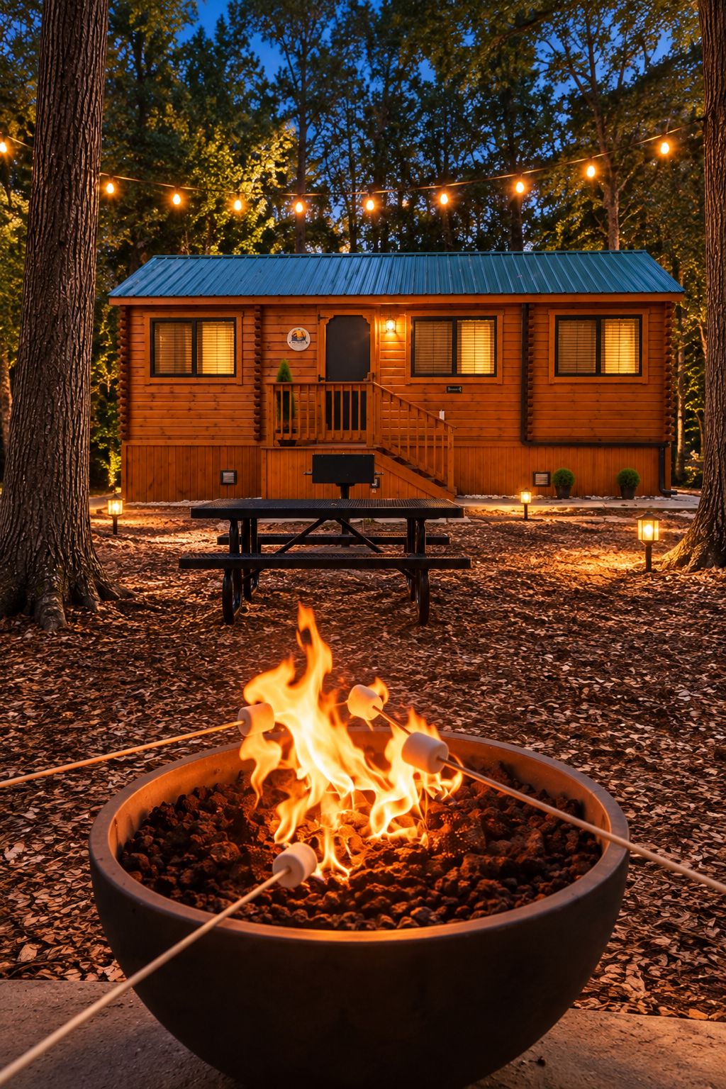 A rustic cabin with a fire pit in the foreground and string lights in the background.