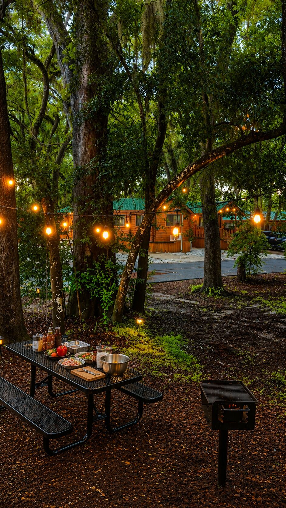 Un espace extérieur aménagé pour les repas, avec une table de pique-nique, des bancs et des guirlandes lumineuses.