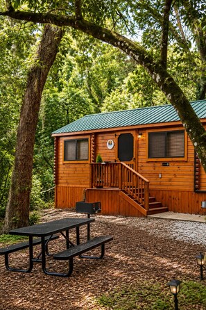 Uma cabana de madeira com varanda, mesa de piquenique e deck.