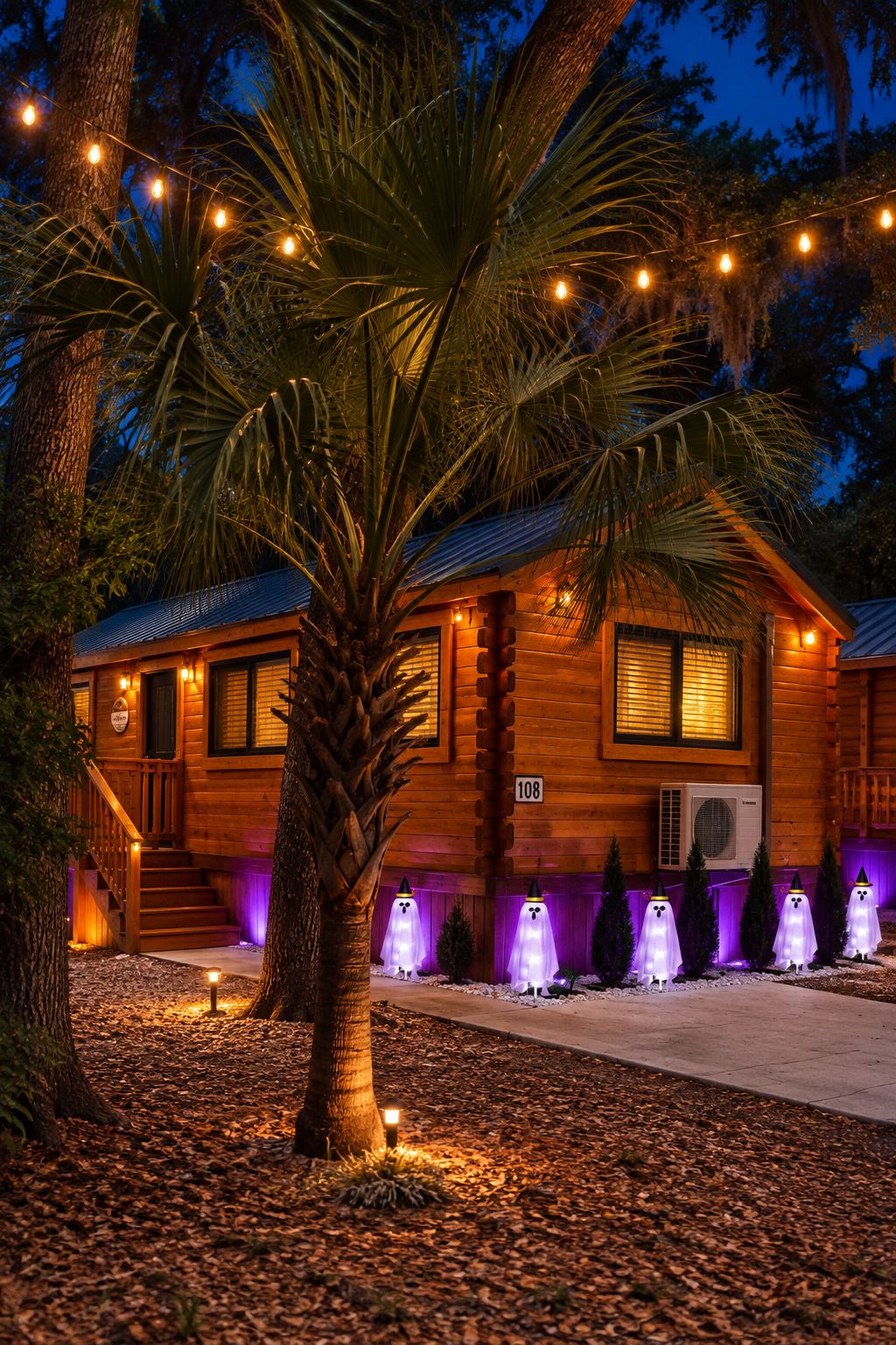 Une cabane en bois avec un porche, portant le numéro 108, entourée d’arbres et décorée de guirlandes lumineuses et de figurines de fantômes.