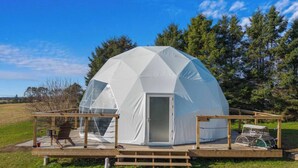 Una estructura de domo geodésico con una terraza de madera y una puerta, rodeada de césped y árboles.