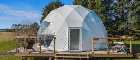 A geodesic dome structure with a wooden deck and a door, surrounded by a grassy area and trees.