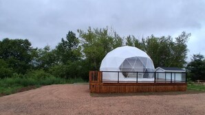 Una estructura de cúpula geodésica con muelle y barandilla de madera, rodeada de grava y árboles.