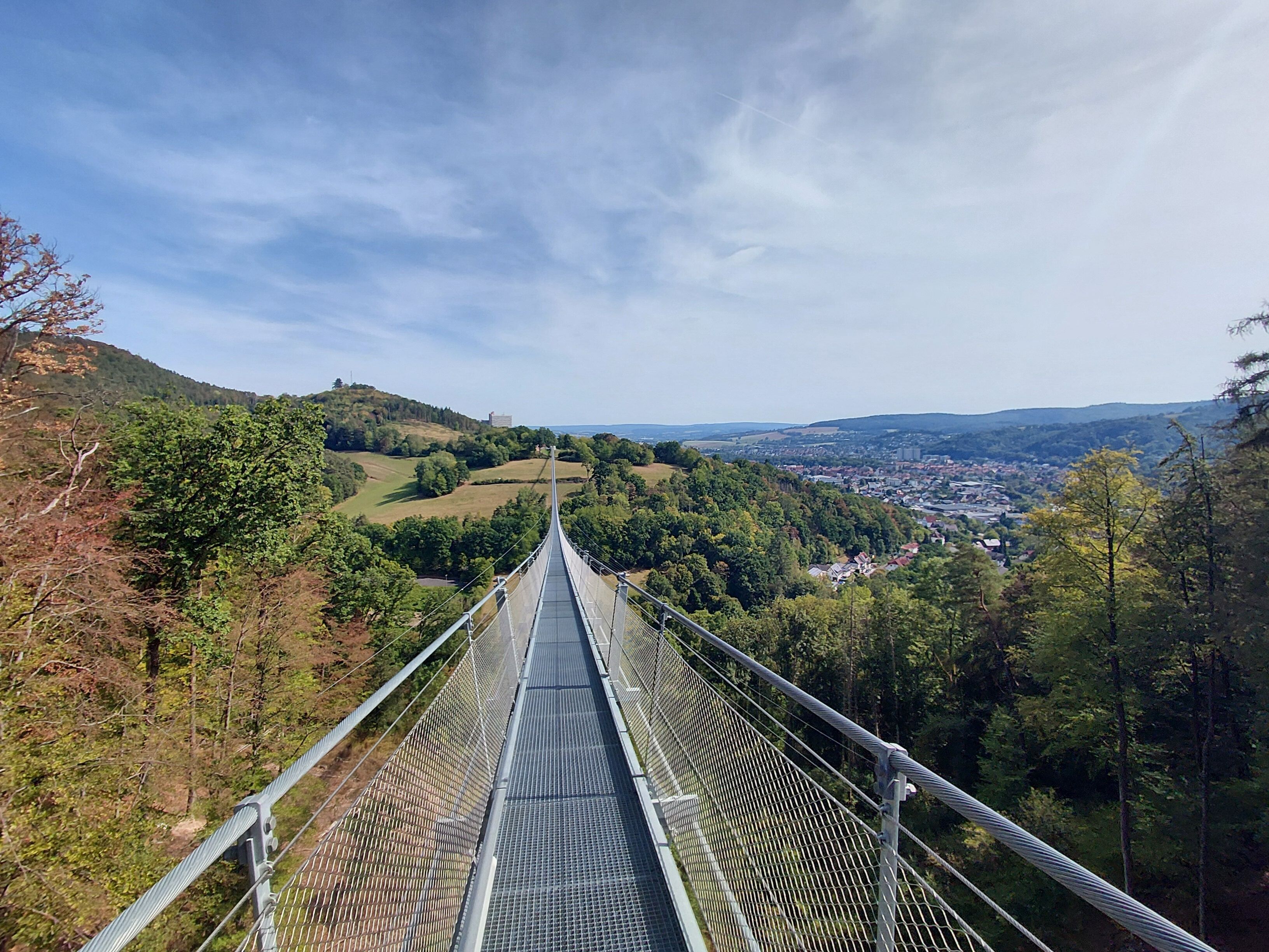 A suspension bridge with a metal mesh walkway, surrounded by trees and hills, leading to a distant town.