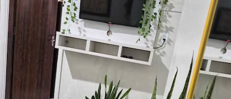 A room with a television mounted on a white wall, a wooden door, and potted plants.