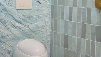 Hair dryer, towels, soap, toilet paper