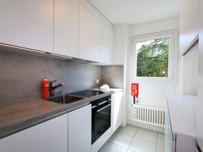 A modern kitchen with white cabinets, a stainless steel sink, and a built-in oven. - Cristal Appartement/Fewo 6-Bettwohnung Nr. 8 by Interhome (Saas-Fee)