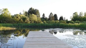 A wooden dock extending into a calm body of water with surrounding greenery and trees.