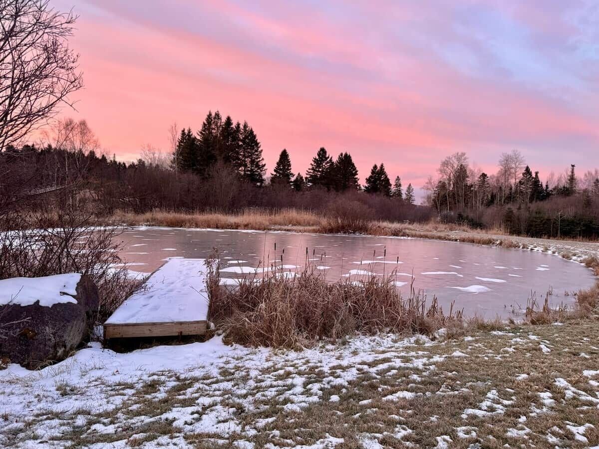 A frozen lake with a wooden dock and snow-covered ground.