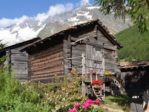 Eine rustikale Holzhütte mit einer Holzterrasse, umgeben von üppiger Vegetation und einem Bergpanorama.