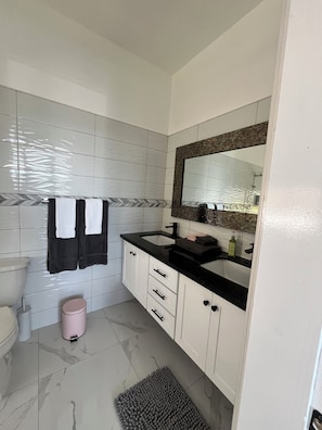Chuveiro, secador de cabelo, toalhas de banho, sabonete