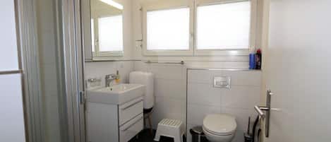 A bathroom with a toilet, sink, and shower area.