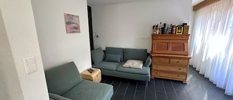 Un salon moderne avec un canapé gris, un meuble en bois contenant des bouteilles et un tableau accroché au mur.
