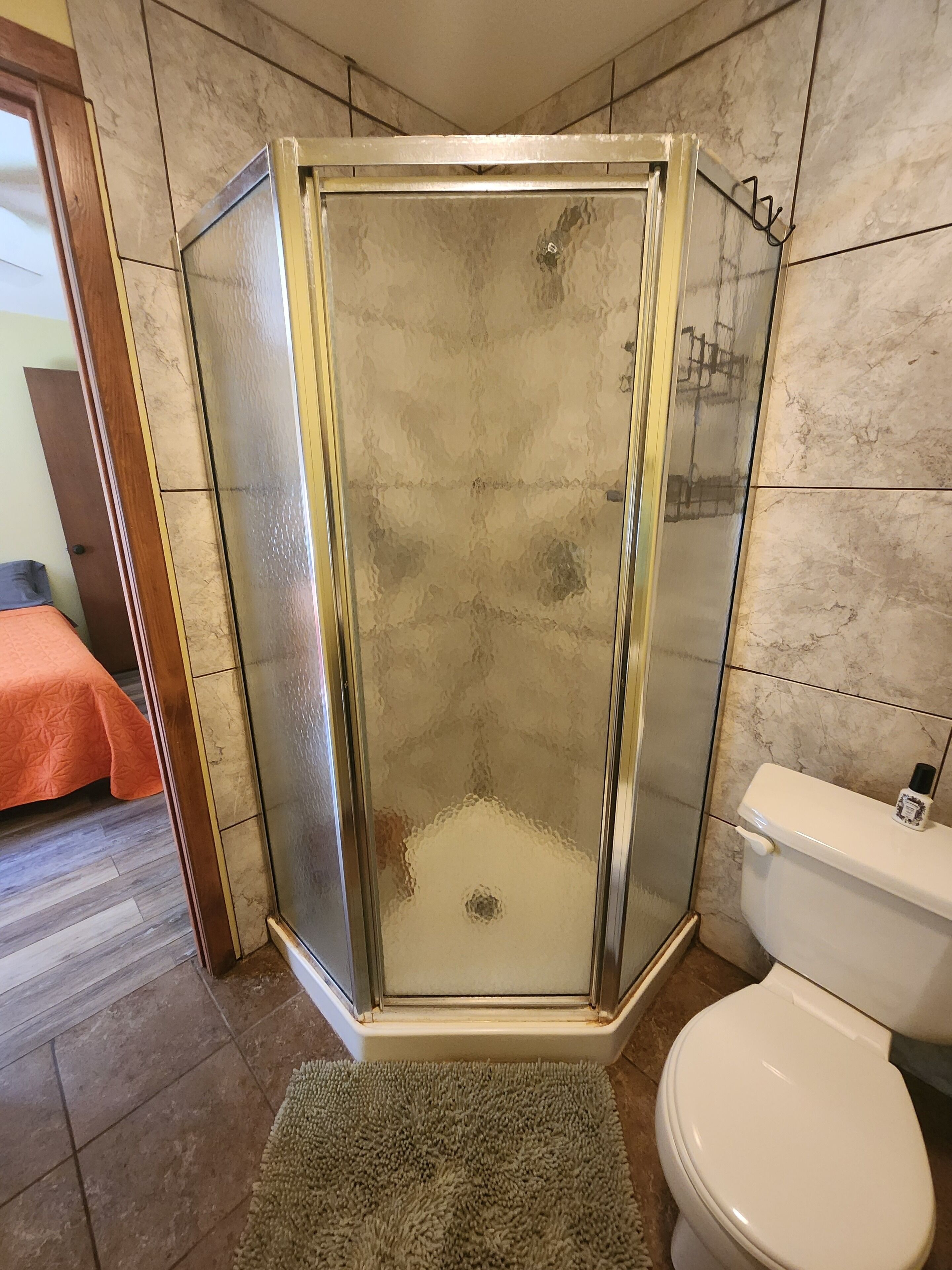 Shower, towels, toilet paper