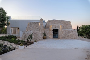 Un edificio moderno con fachada de piedra, puerta de entrada de vidrio y un patio empedrado con plantas en macetas.