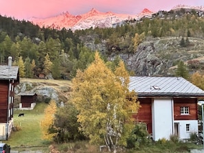 Une cabane rustique, dotée d’un toit en pente, entourée d’arbres et avec des montagnes en arrière-plan.