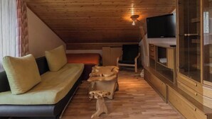 Tunnelmallinen huone, jossa on puinen katto, tyynyillä varustettu sohva, televisio ja kaappi.