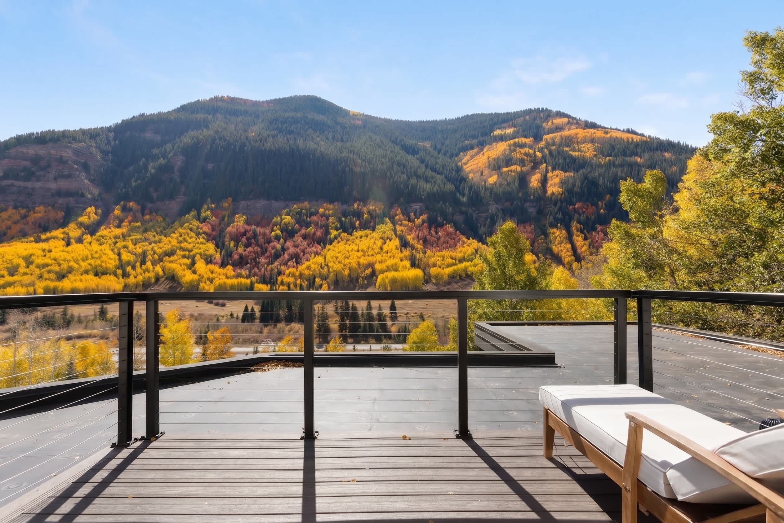 Une terrasse offrant une vue sur une chaîne de montagnes boisée.