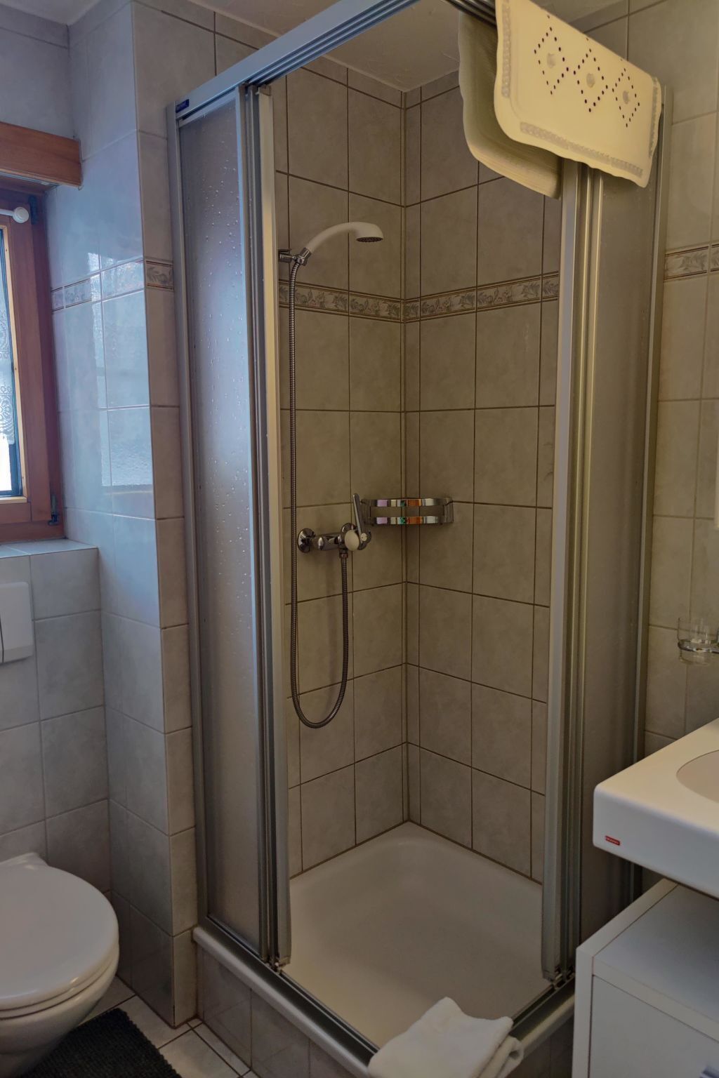 A glass-enclosed shower stall with a handheld showerhead and a wall-mounted faucet.