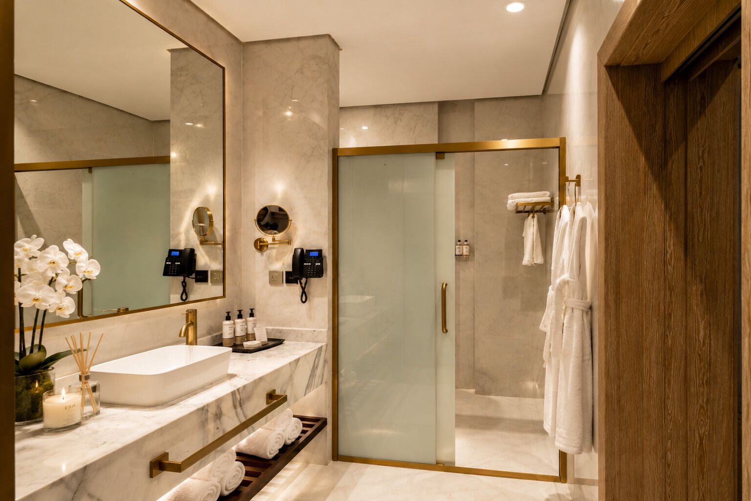 Une salle de bain moderne avec un lavabo en marbre, deux téléphones fixés au mur, une cabine de douche en verre et un meuble-lavabo en bois.