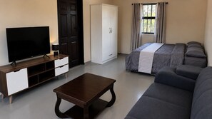 Departamento Deluxe, 1 cama matrimonial, vista al jardín | Espacio para trabajar con laptop y tabla de planchar con plancha 