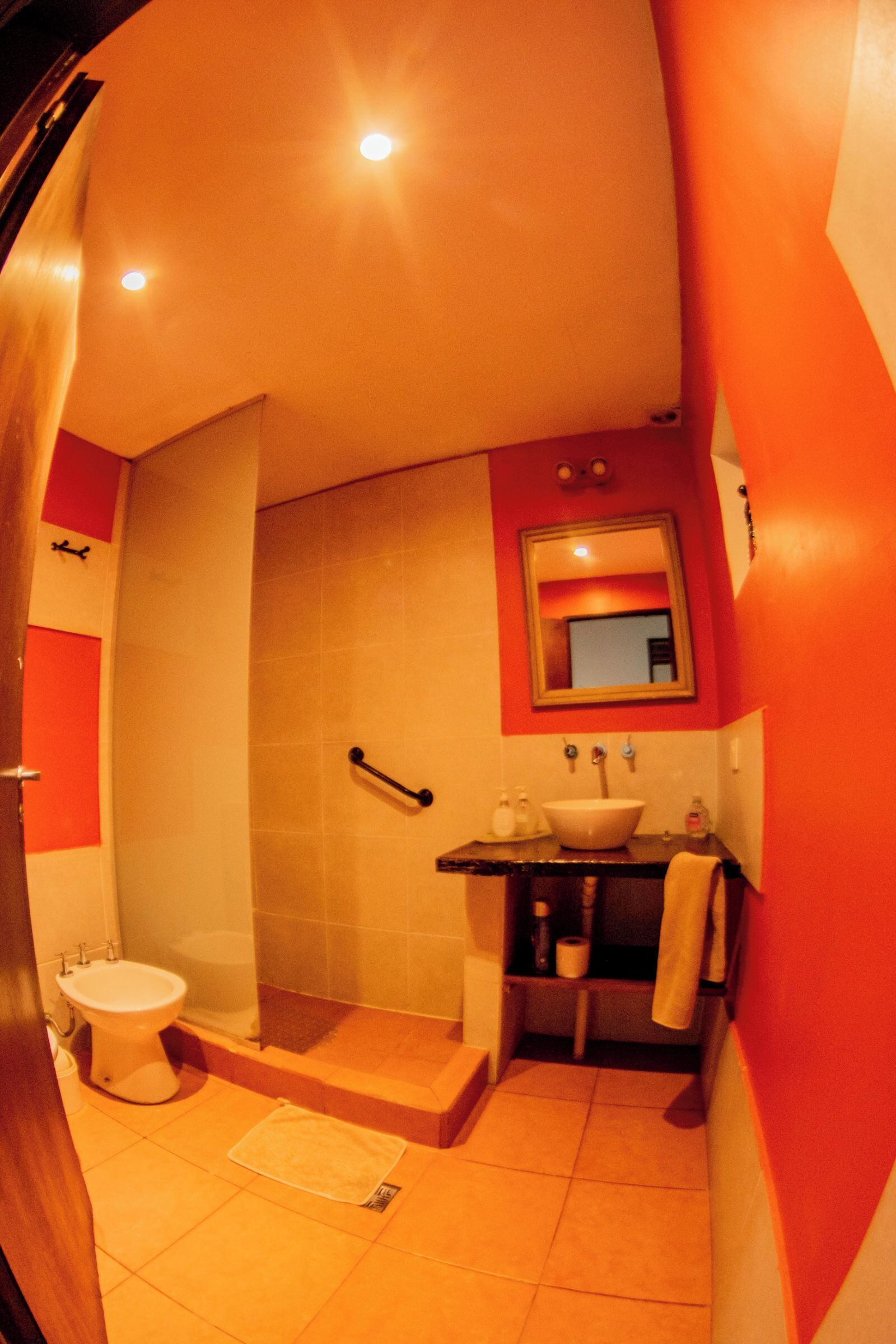Een badkamer met toilet, wastafel en douche.
