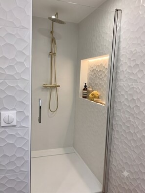 A modern shower with a handheld showerhead and a glass-enclosed vanity with a textured wall. - Celine 10 (Paris)