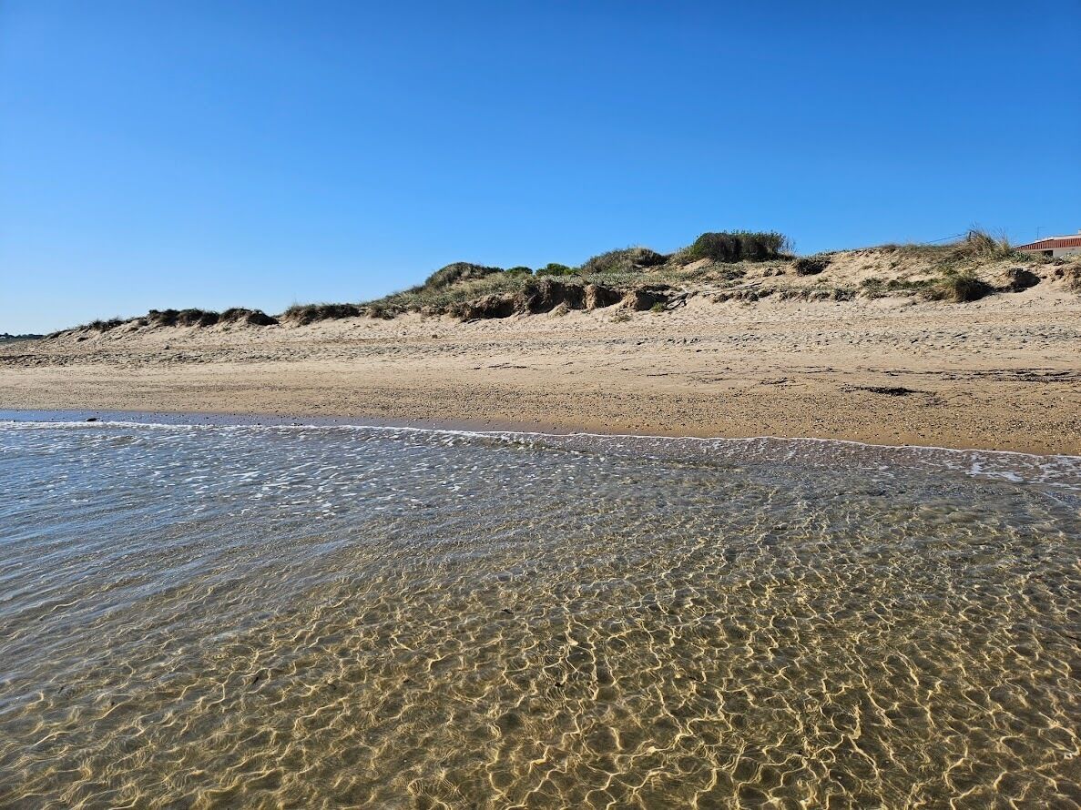 A beach with clear shallow waters and a sandy shore.