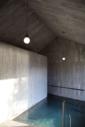 Piscina com interior em concreto, escada de metal e luminárias pendentes.