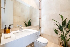 A bathroom with a white sink, a mirror, and a toilet. There are plants and a shower curtain visible. - Modern 4 Bedroom Villa With Tropical Vibes in Baru (Cartagena)