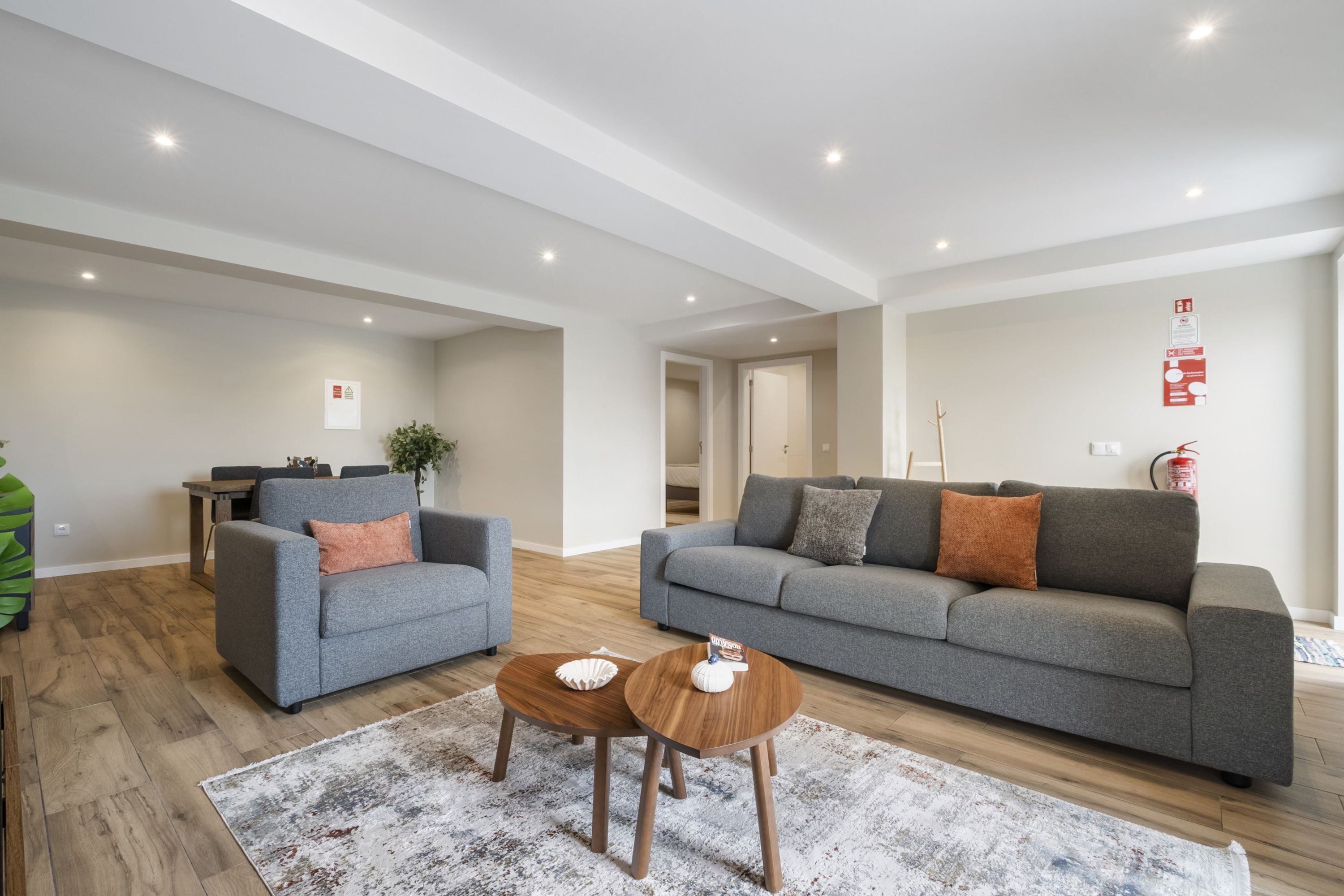 Un salon moderne avec des canapés gris, une table basse et un tapis.