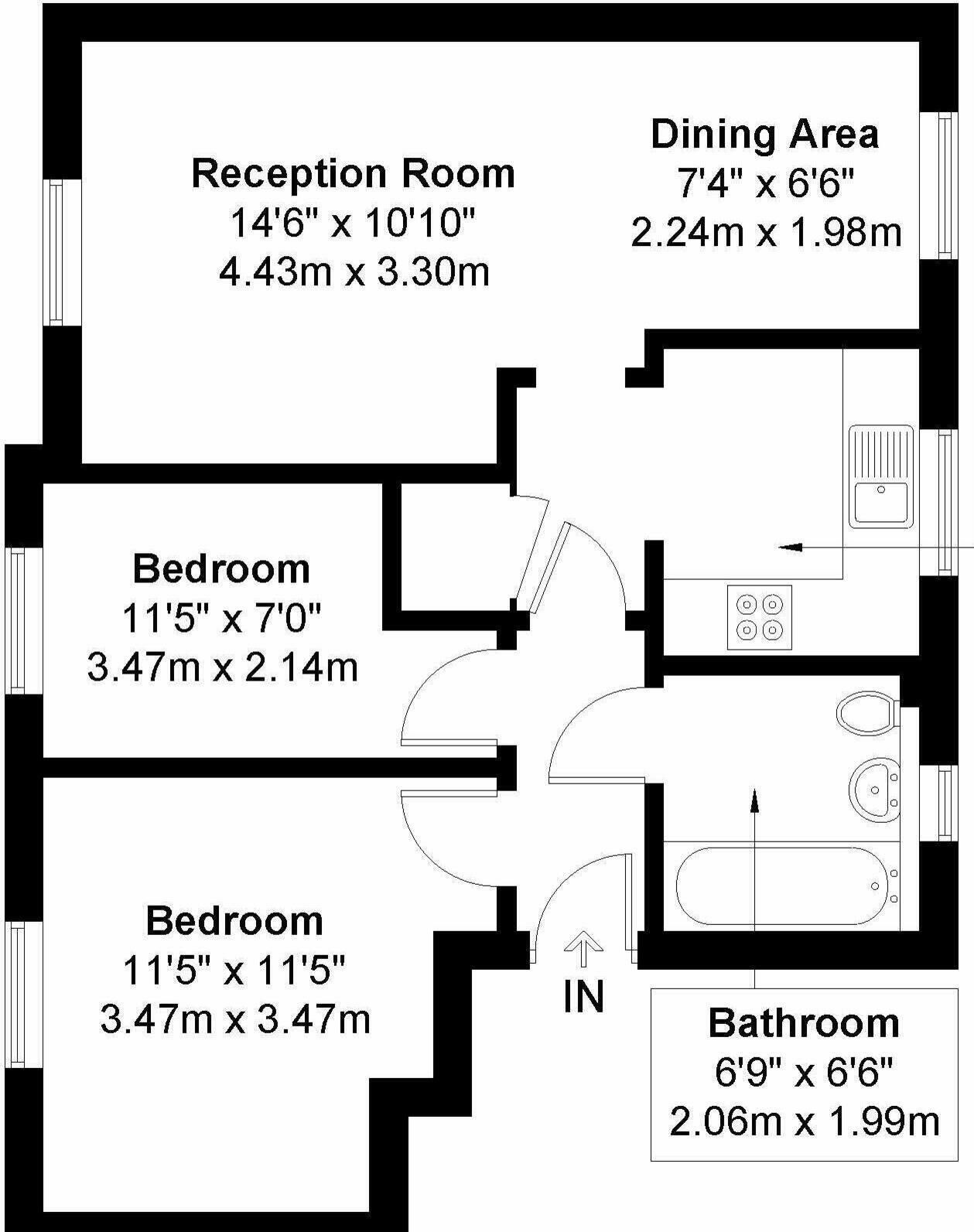Un plan d’étage comprenant une salle de réception, un coin repas, deux chambres et une salle de bain.