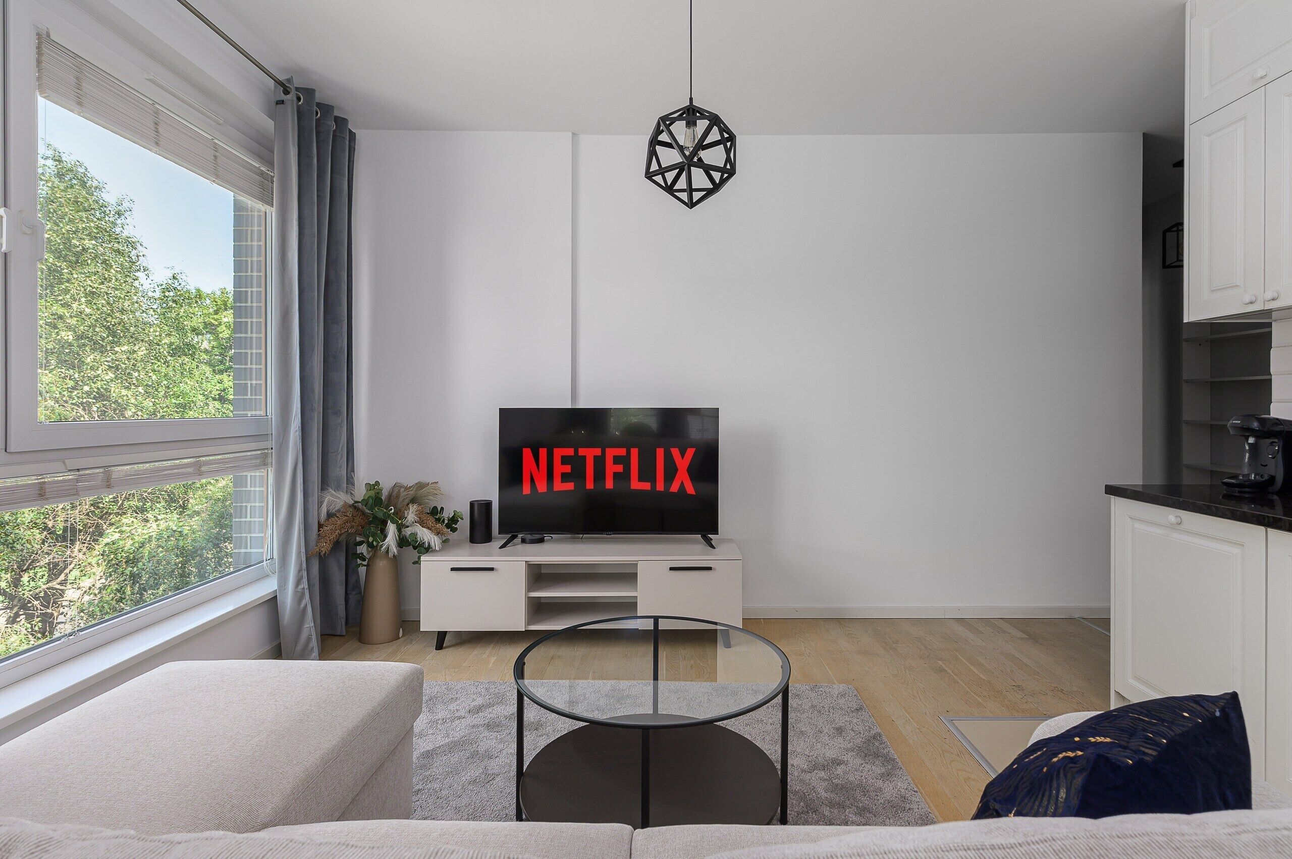 Una sala de estar moderna con un televisor de pantalla plana mostrando 'NETFLIX', un comedor con una cafetera y vistas a árboles a través del ventanal.