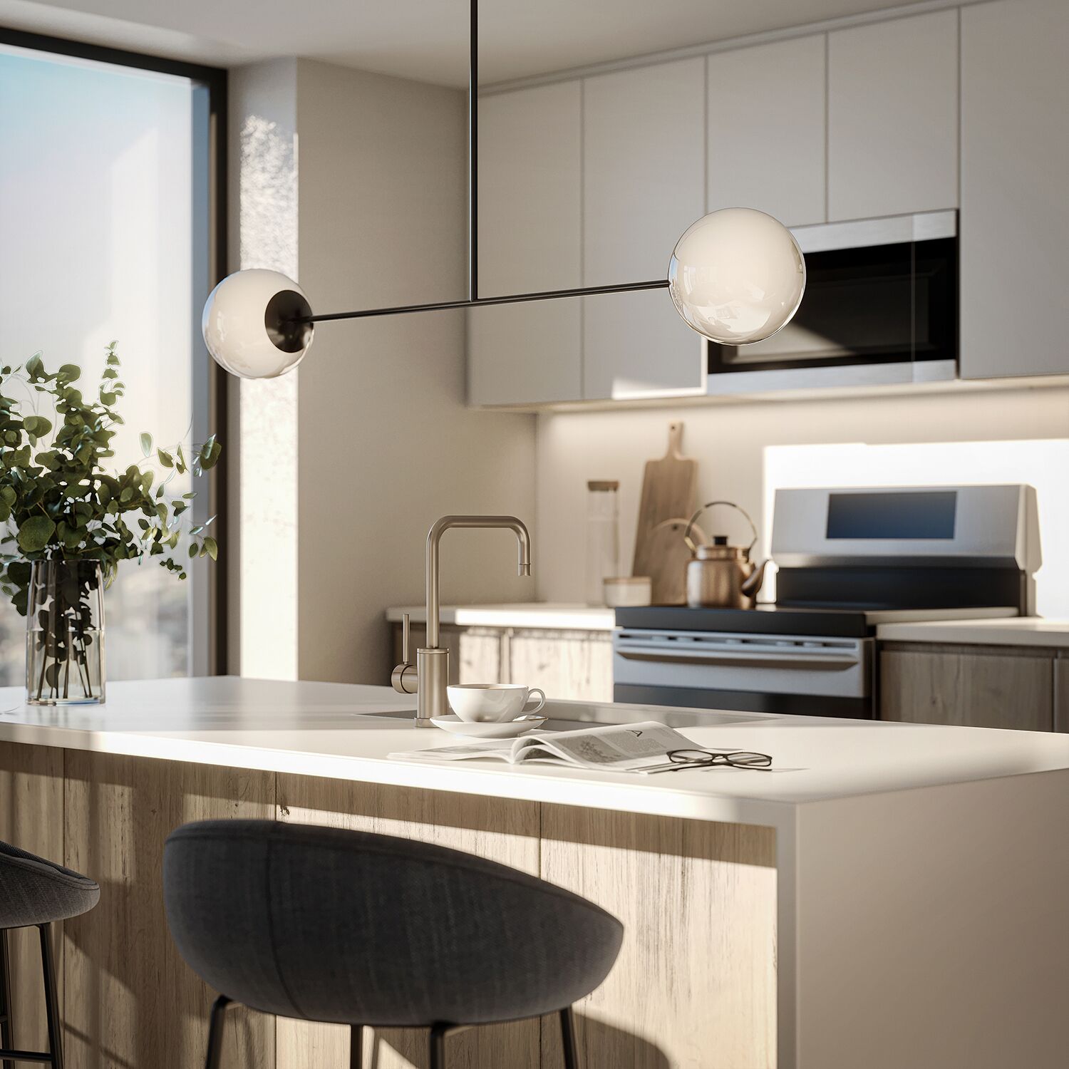 A modern kitchen with a central island, stainless steel appliances, and a minimalist design.