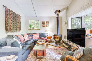 Ein gemütliches Wohnzimmer mit einer Couch, einem Fernseher, einem Kamin und einem großen Fenster.