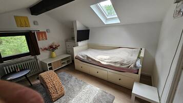 A bedroom with a bed, a desk, a chair, a radiator, a TV, and a skylight.