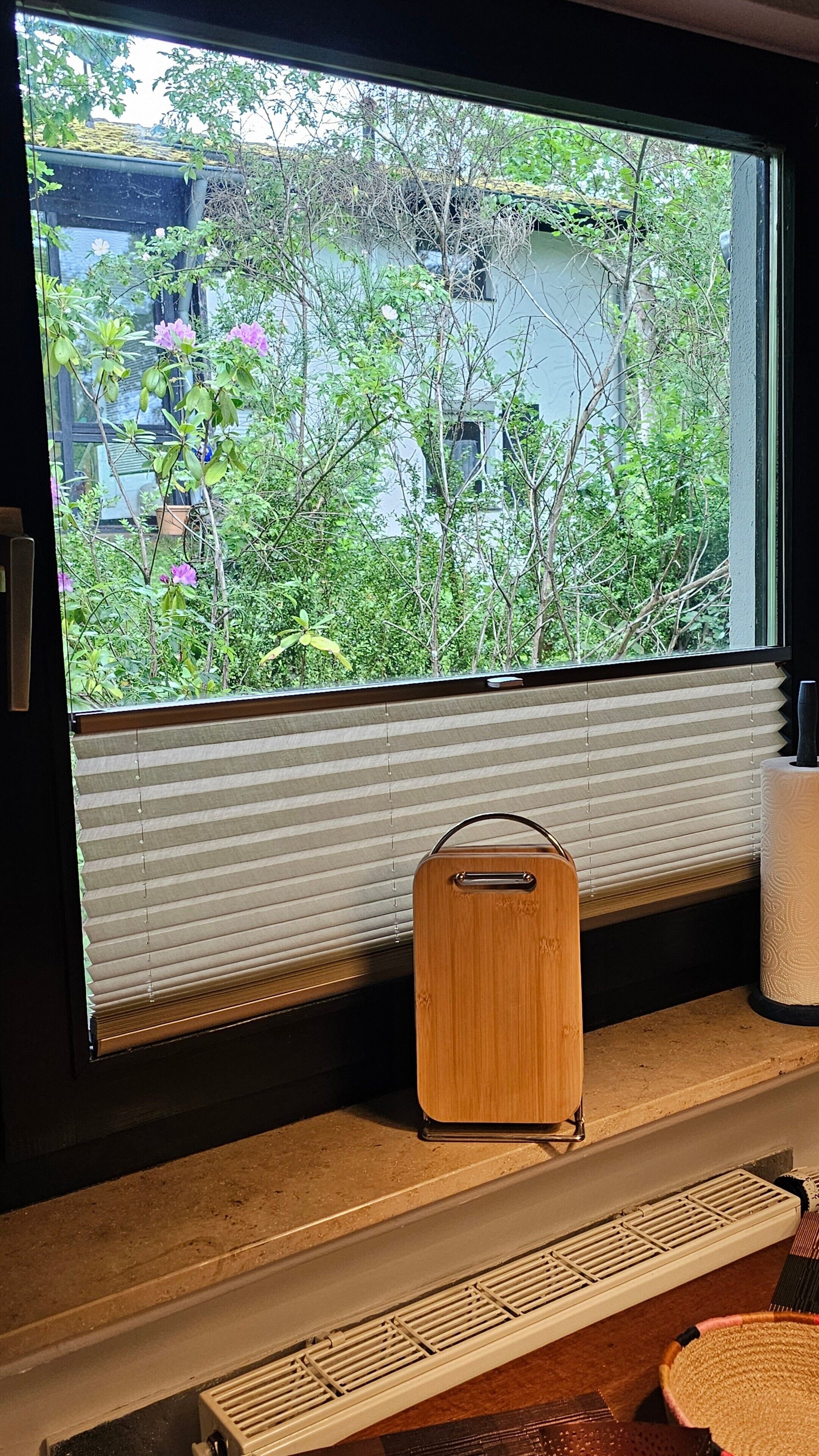 Ein Fenster mit Blick auf Grünfläche und einem Holzkoffer auf dem Sims.