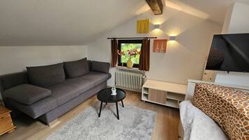 Ein gemütliches Wohnzimmer mit einem grauen Sofa, einem kleinen schwarzen Couchtisch, einem weißen Heizkörper und einem an der Wand befestigten Fernseher.