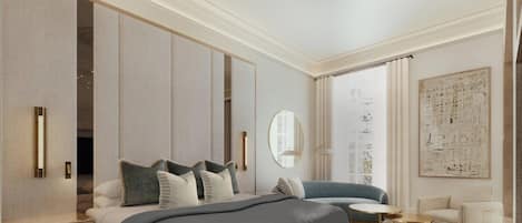 Une chambre moderne avec un grand lit, un lustre et une vue sur la ville.