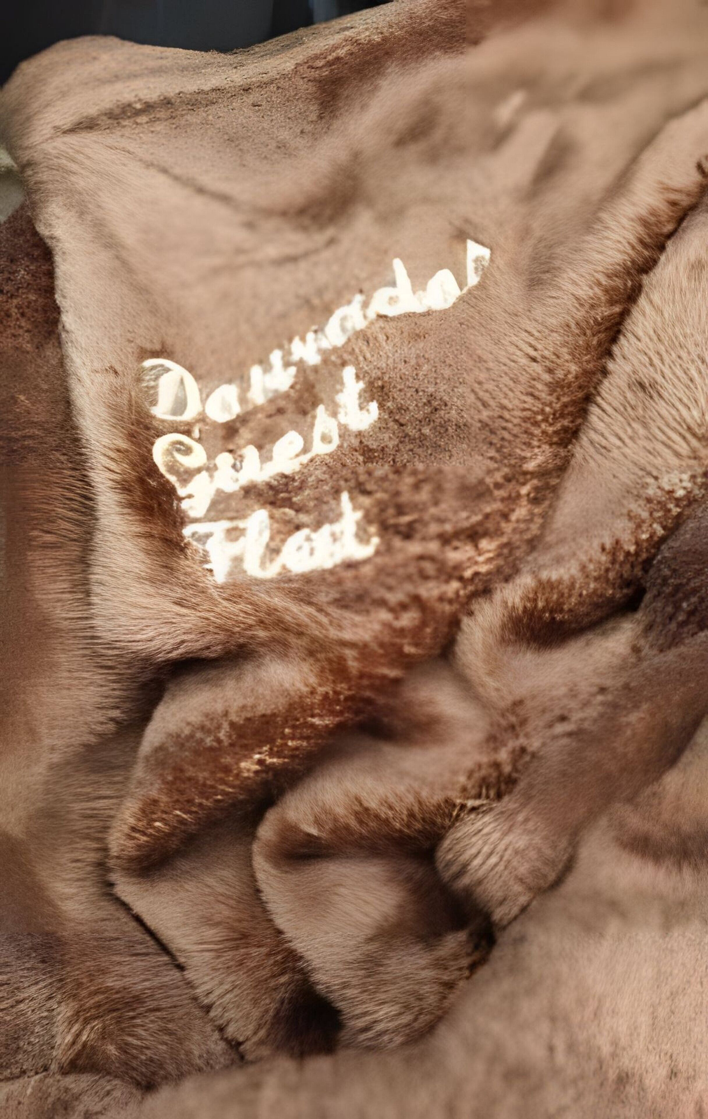 A brown textured fabric with embroidered text.