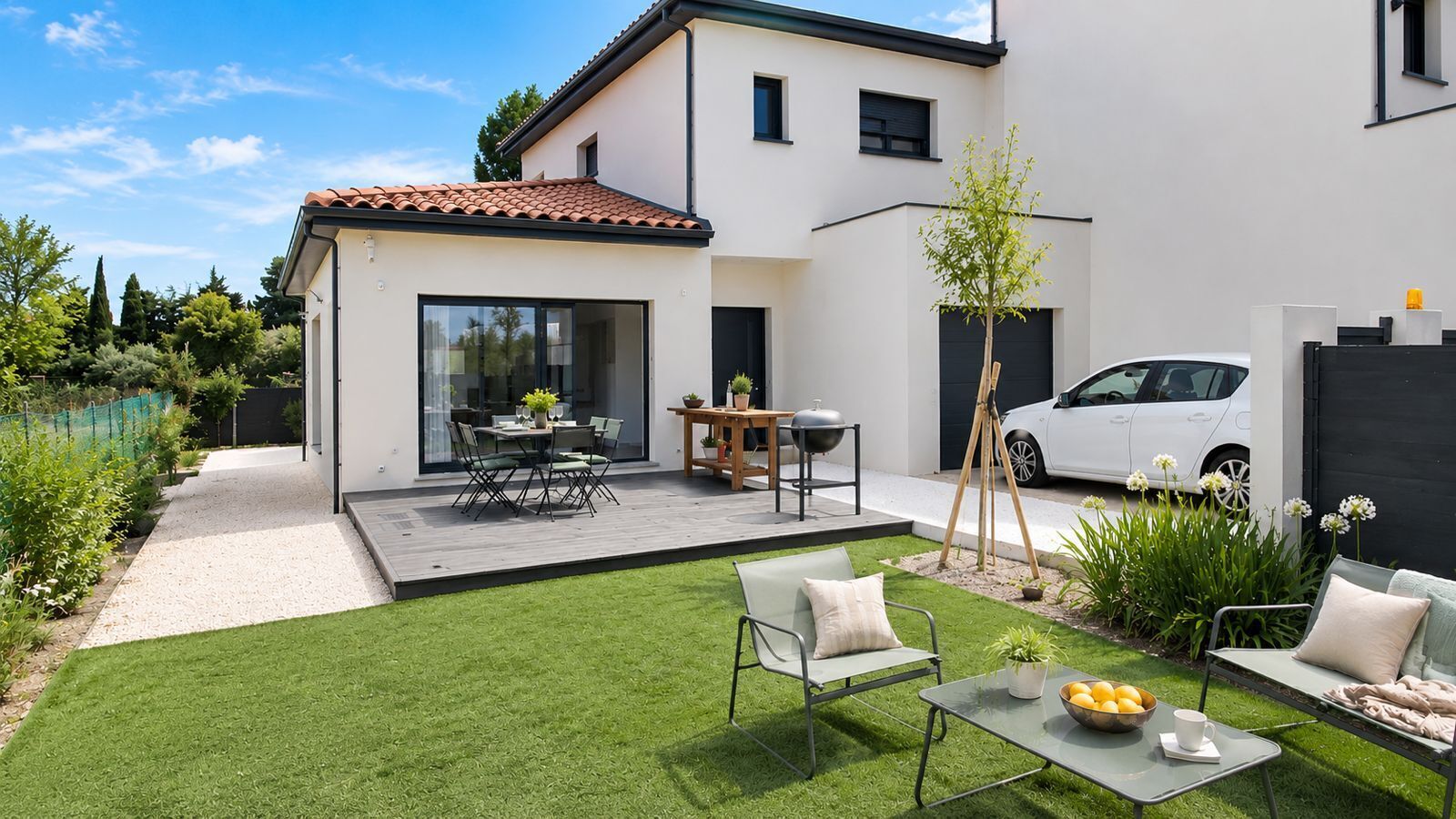 Una casa moderna con patio, un coche y jardín.