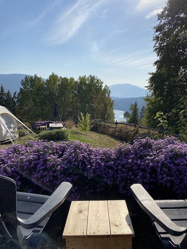 Une table en bois et deux chaises Adirondack dans un jardin où poussent des fleurs violettes, avec vue sur un lac et des montagnes.