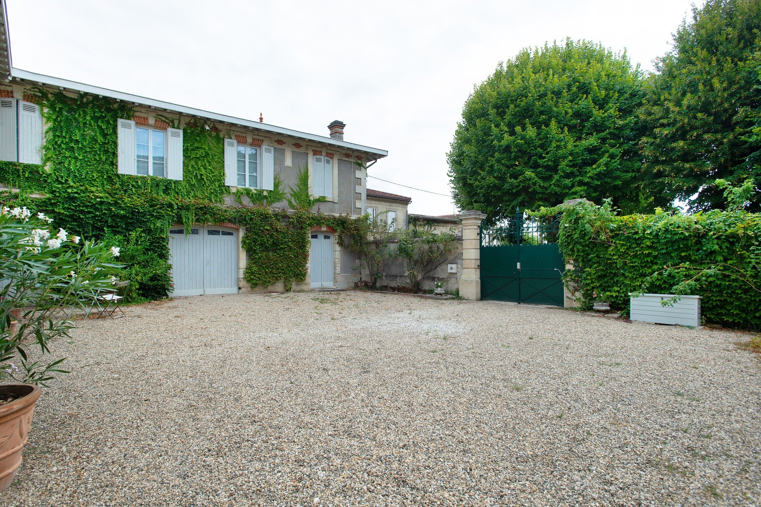 A gravel driveway leading to a house with a green gate, surrounded by greenery and a large tree.