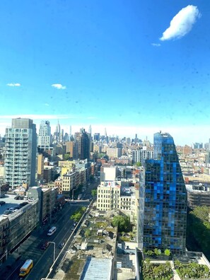 A cityscape with high-rise buildings, a clear sky, and a river. - LES is More Stunning Views (New York)