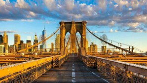 Un puente con el horizonte de una ciudad al fondo.