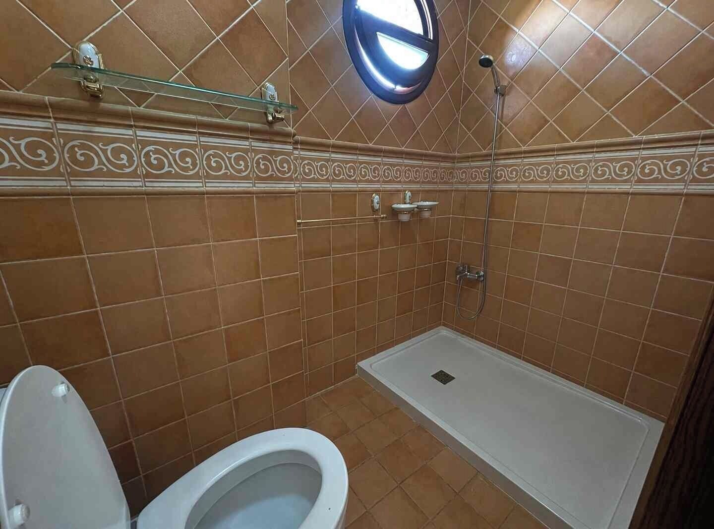 Shower, bidet, soap, toilet paper