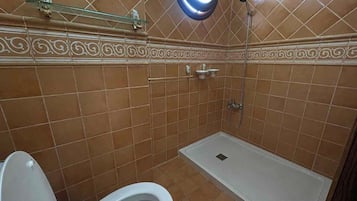 Shower, bidet, soap, toilet paper